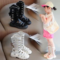 Girl's Sandal Boots 3-12 Years Old Beige High Top Exposed Toe Pearl Girls Roman Shoes Black Fashion Soft Children's Sandals