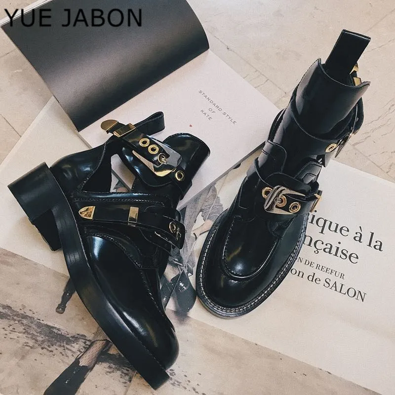 Black cut-out leather ankle boots gold-tone metal hardware boot punk shoes classic Biker boots round toe women motorcycle boots