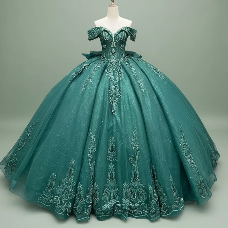 

Dark Green Shiny Quinceanera Dresses Off The Shoulder Applique Lace Beading Crystal Bow Tull Party Birthday Sweet 16 Dress Vesti
