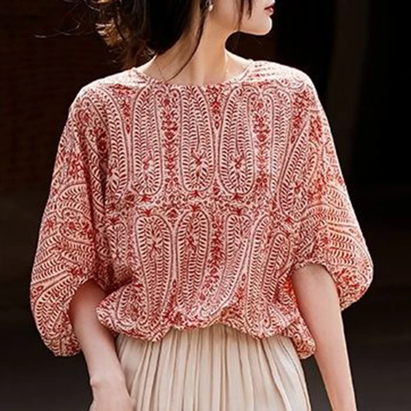แฟชั่นหลวมพิมพ์โบว์แขน Batwing เสื้อผู้หญิงเสื้อผ้า 2025 ฤดูร้อนใหม่ Casual Pullovers Tops พับเสื้อ