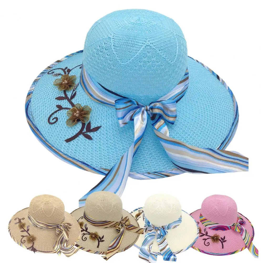 New Parent-child Summer New Women's Sun Hat Bucket cap beige lace Bowknot Flowers Ribbon Flat top Straw Hat Beach Caps Panama