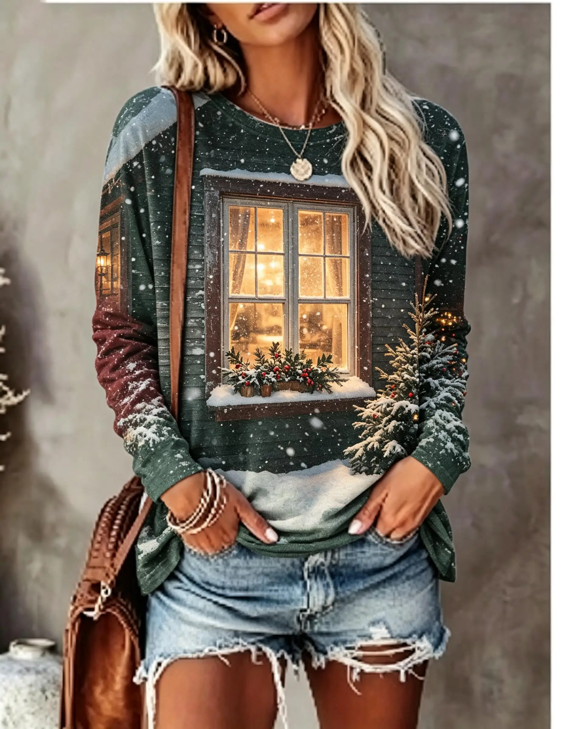 Women Christmas Long Sleeve T‑Shirt Warm Light Window Cabin Snowy Winter Print Crew Neck Tops