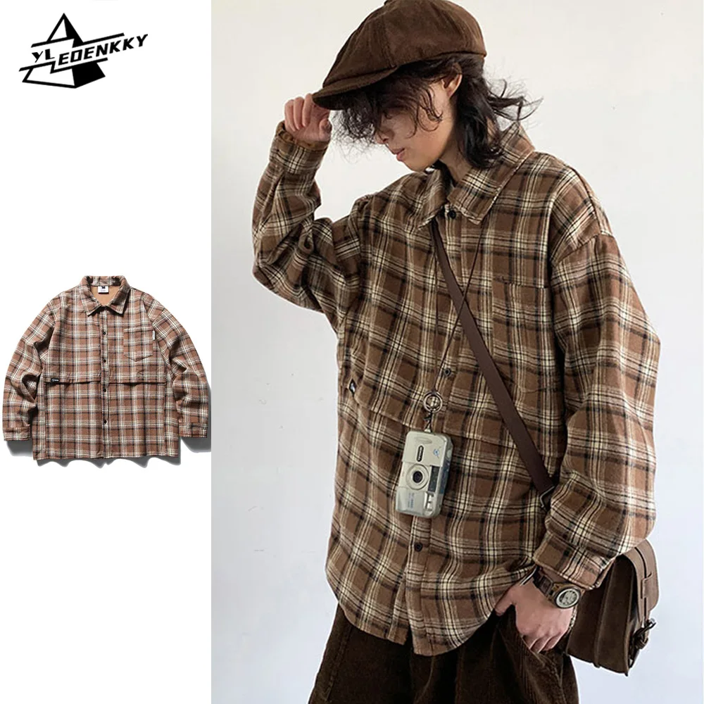 Retro Fleece Shirt Men Women Harajuku Patchwork Check Loose Cardigan Coat Japanese Casual Lapels Long Sleeves Autumn Unisex Tops