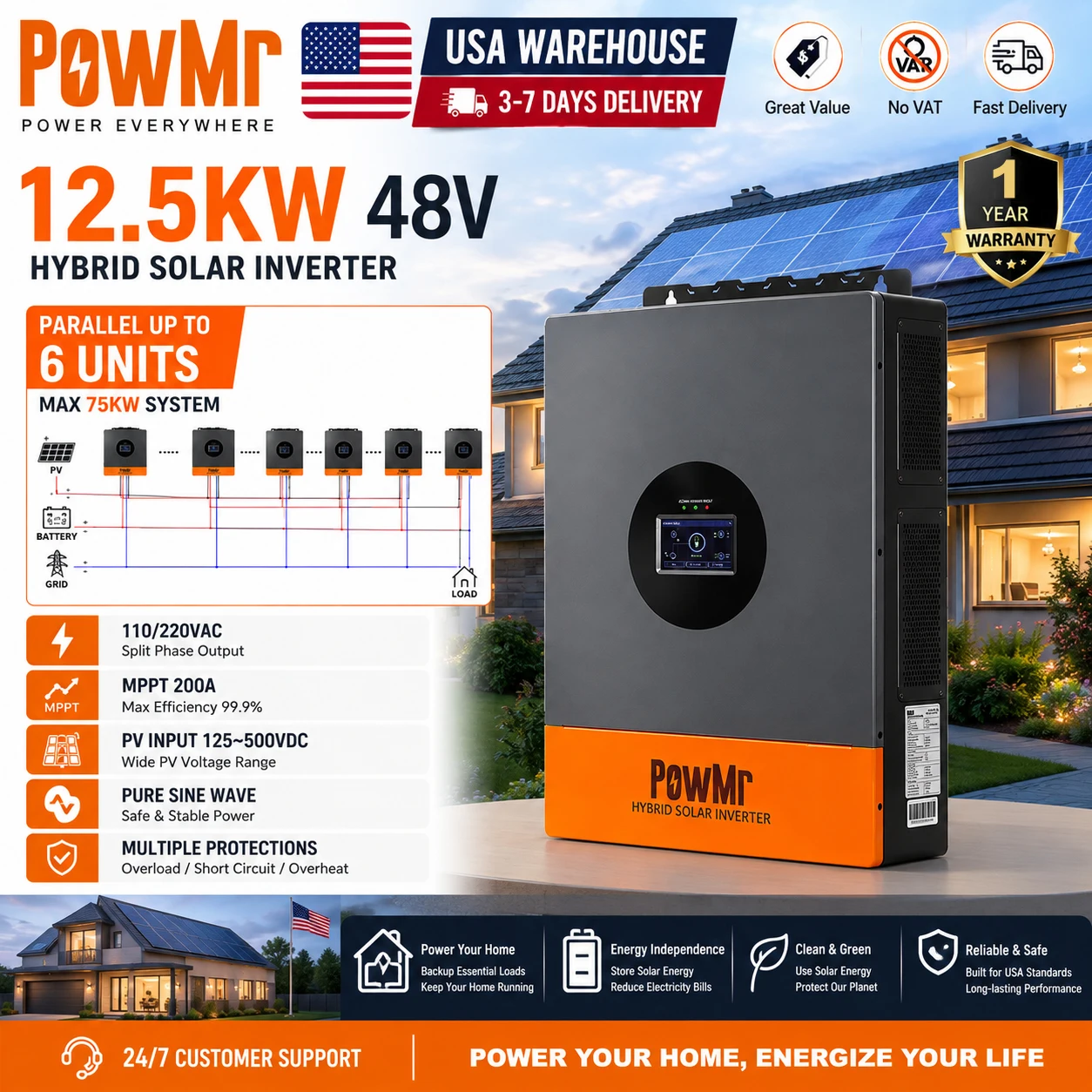 PowMr 12.5KW 48V Hybrid Solar Inverter Split Phase 110/220V Output With Pure Sine Wave Dual MPPT 200A Charge Charger Max PV 125-500VDC 18000W Input Can Parallel 6 Unit Off Grid UPS Support Lithium Lead Acid Battery for US Home Backup Power