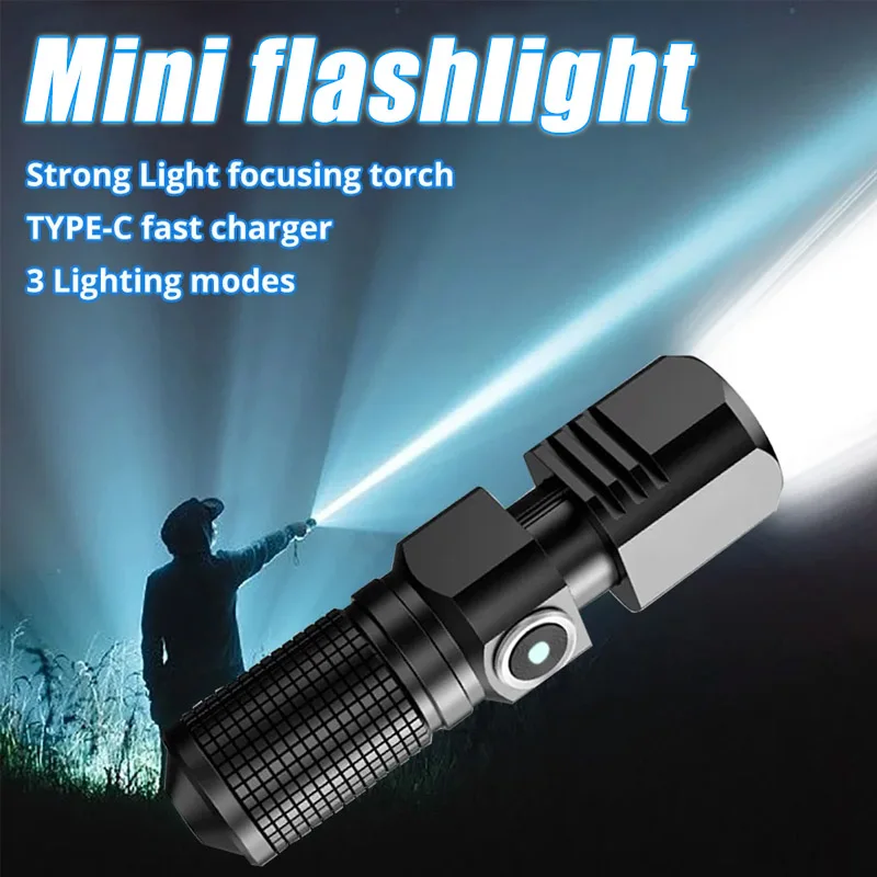 Mini Powerful Led Flashlight Built in Battery 3 Modes Type-c Rechargeable Telescopic Zoom Torch for Home Outdoor Camping Fishing