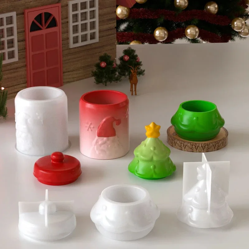 

DIY Gypsum Cement Resin Aromatherapy Candle Making Tool - Santa Claus & Christmas Tree Silicone Mold for Cup Storage Can & Jar