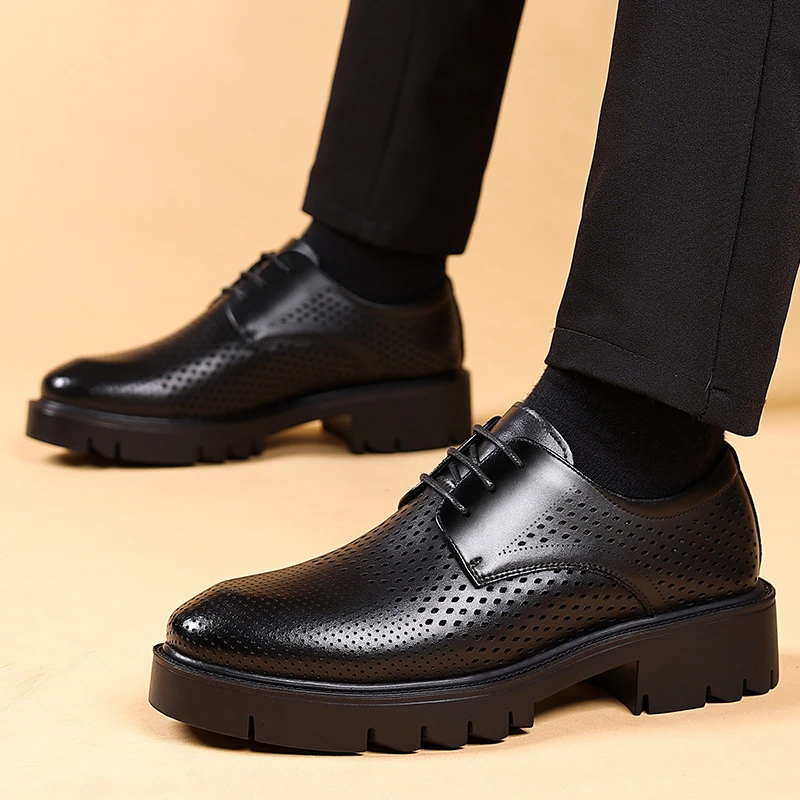 

Mens Black Genuine Leather Perforated Pointed Toe Lace Up Formal Business Office Breathable Summer Casual Dress Shoes Hollow