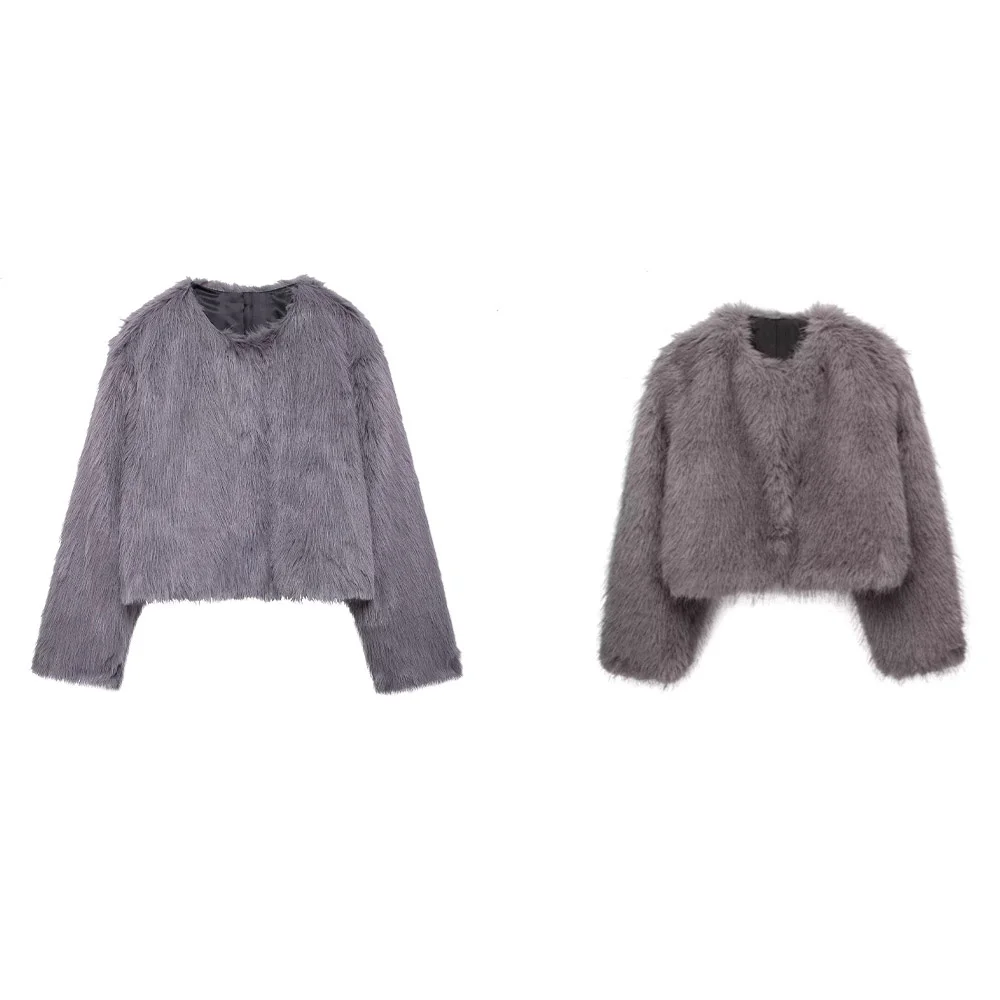 

loose faux fur effect round neck long sleeved short jacket jacket for women's autumn and winter new style