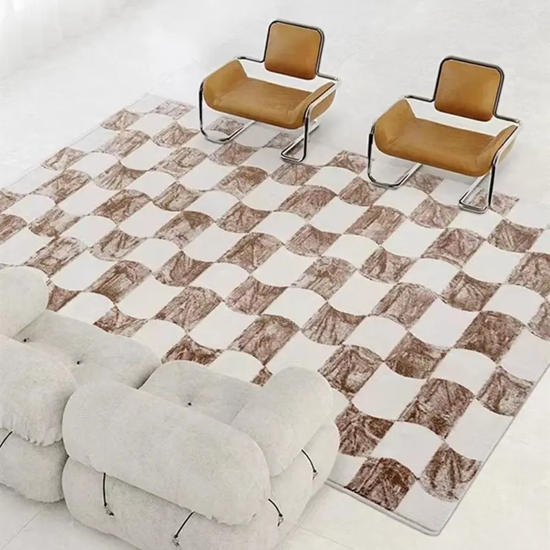 Retro Wavy Checkerboard Carpet Brown And White Sofa Checkerboard Floor Mat Light Luxury Living Room Bedroom Rug Modern Home Deco