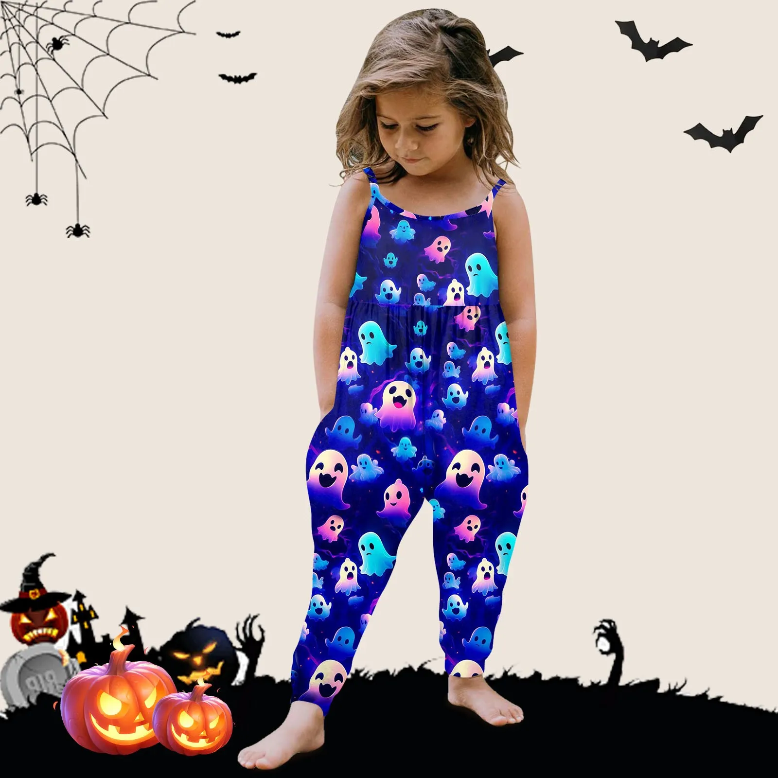 Mono con estampado de Halloween para niña pequeña, pelele sin mangas, pantalones, ropa de verano, Pelele de flores