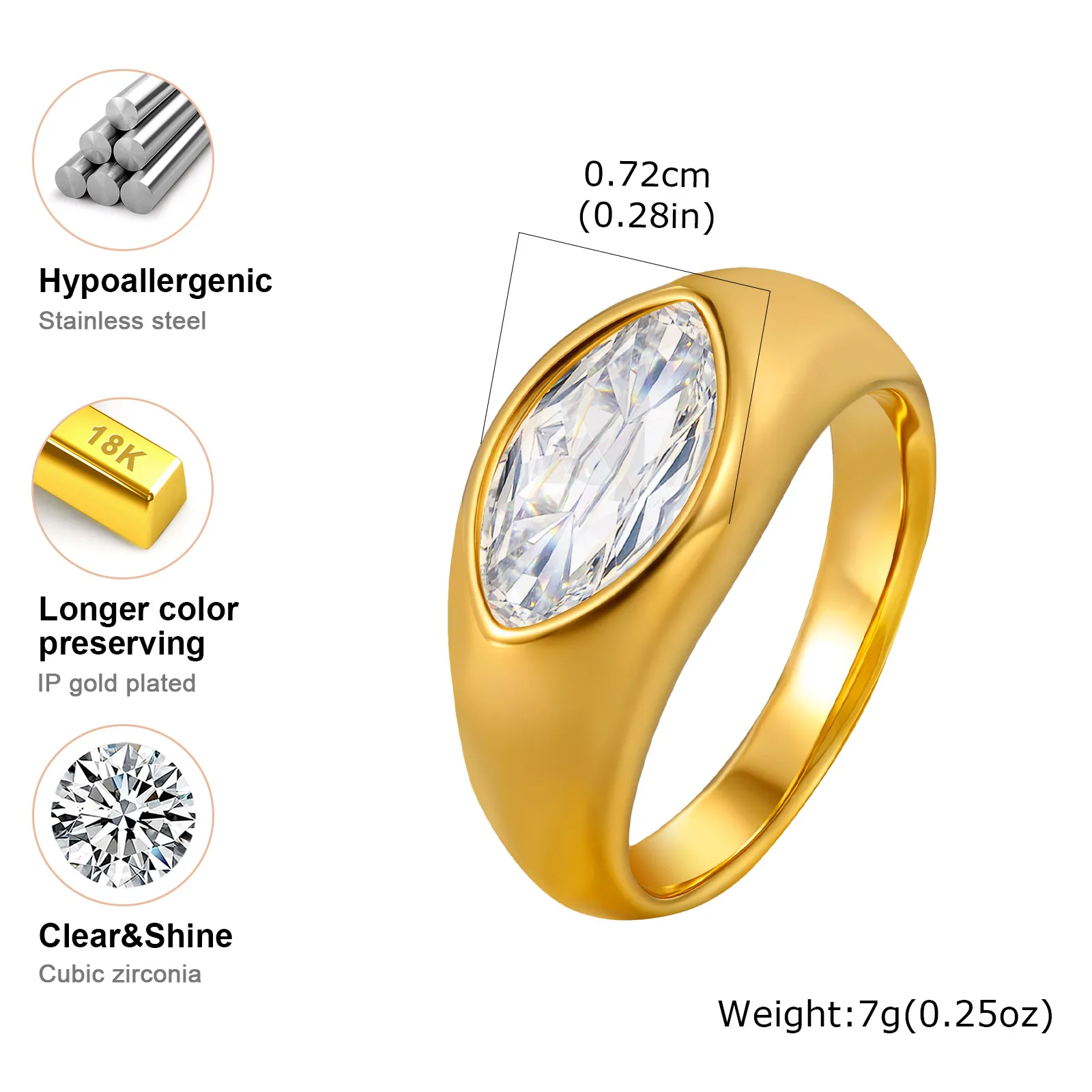 Horse Eye Seal Ring, Cubic Zirconia Gold Plated Ring for Women, Stainless Steel, Hypoallergenic Pinky Finger Ring Waterproof