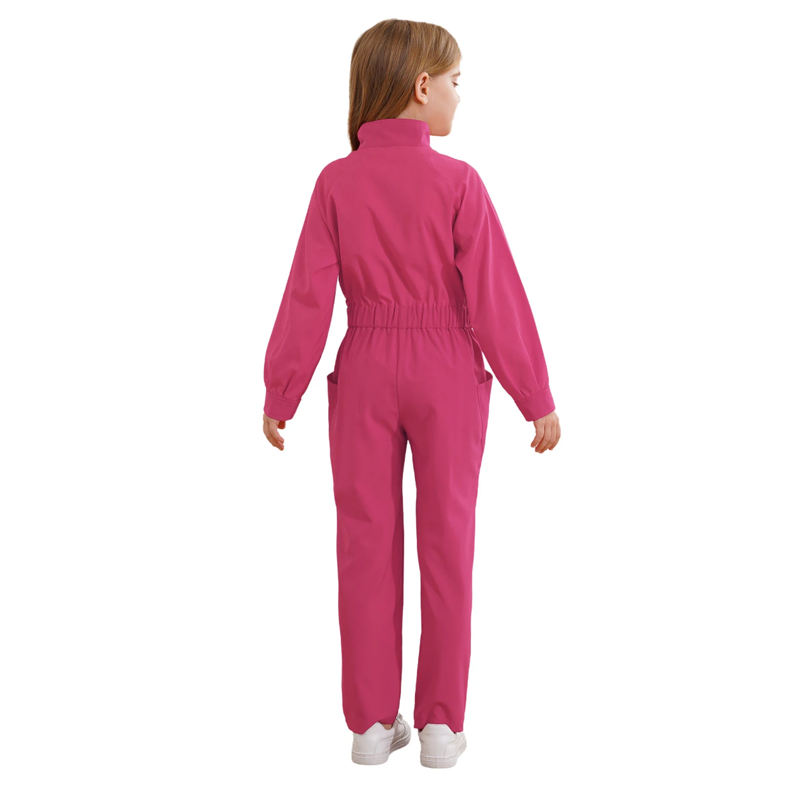 Kids Girls Coverall Dance Jumpsuit Casual Solid Color Long Sleeve Stand Collar Jumpsuit Elastic Waist Rompers with Pockets