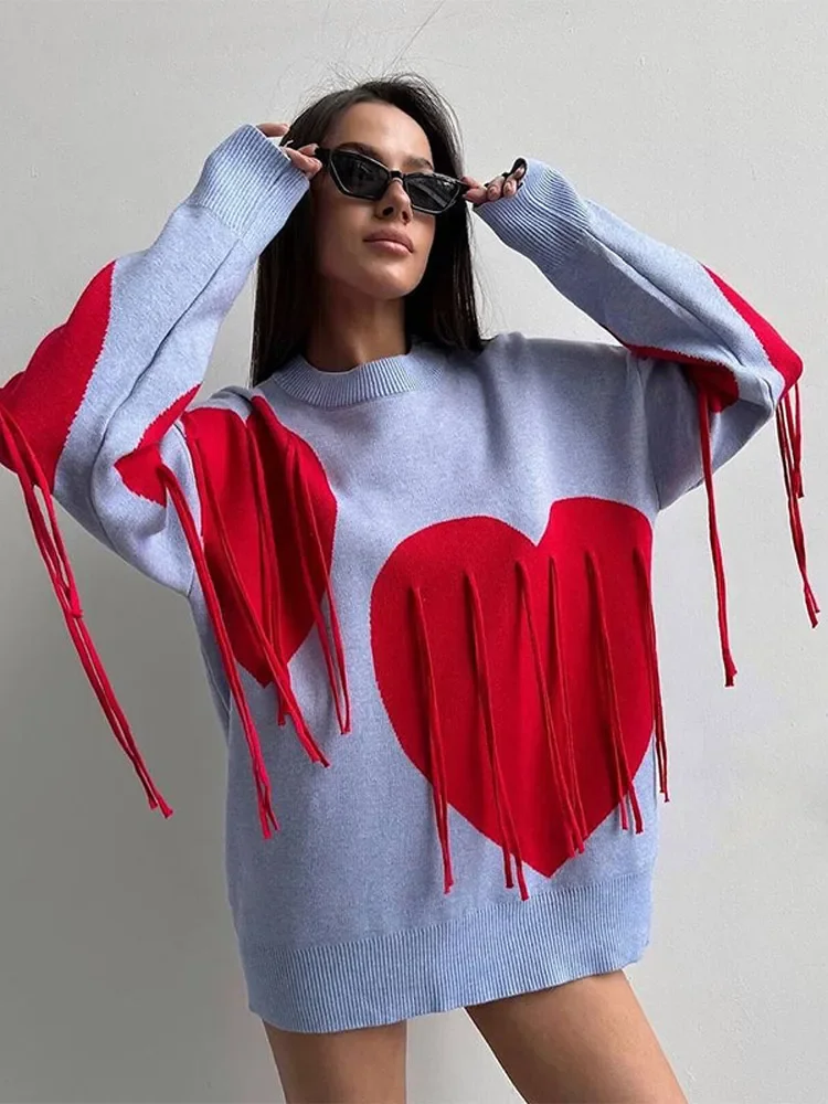 Women\'s Tassel Love Heart Printed O-neck Sweaters Casual Long Sleeved Loose Warm Pullover Autumn Winter High Street Commute Tops