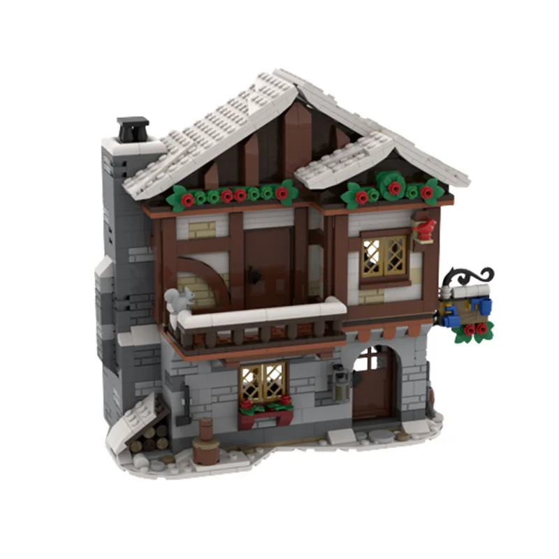 MOC-Castillo de arquitectura Medieval para niños, vista de la calle, modelo de Pub de invierno, ensamblaje de bloques de construcción, juguetes, regalos de navidad