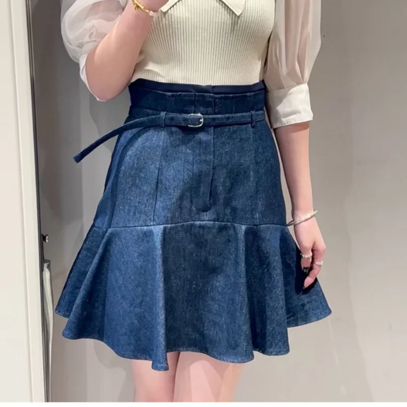 

Kuzuwata Harajuku Solid Color Belt Mini Skirt Slim Fit Sweet Folds Falda Sexy Mujer 2024 Summer Kawaii Trendy A-line Denim Jupe