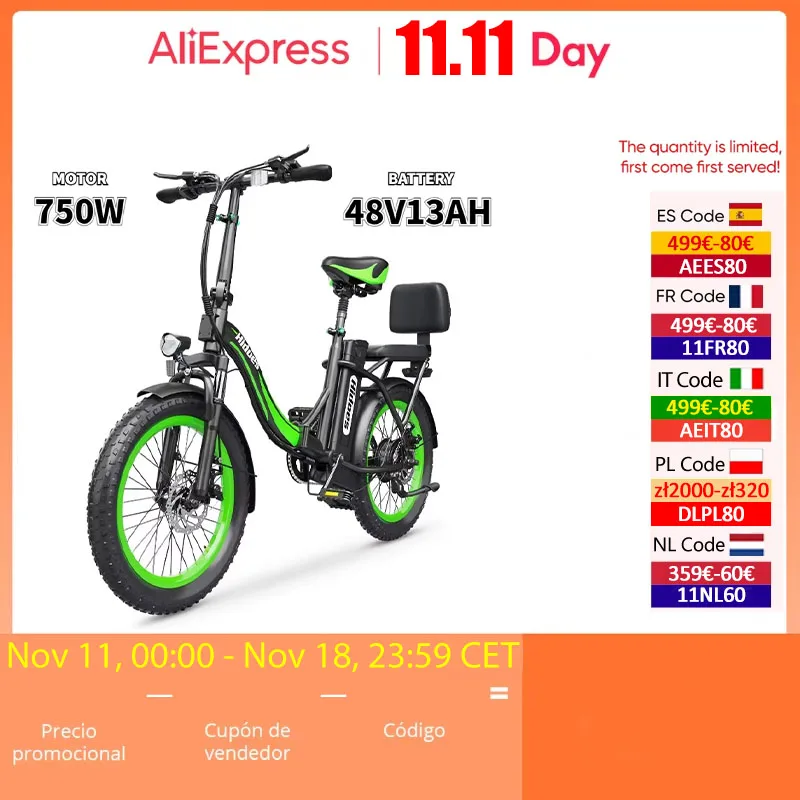 E Bike 750W Powerful Motor 48V13AH Waterproof Lithium Battery Folding Electric Bicycle 20-Inch Tire commuting Electric Bike