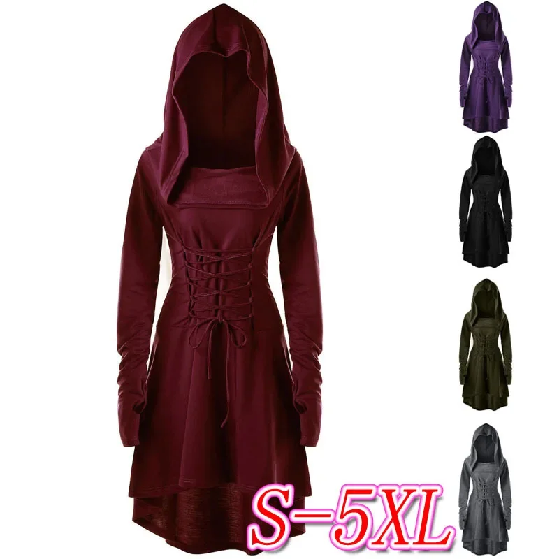 Fato cosplay medieval para mulheres, vestido com capuz com renda, vestido alto, capuz casual, jaqueta feminina, casaco vitoriano, novo, 2024