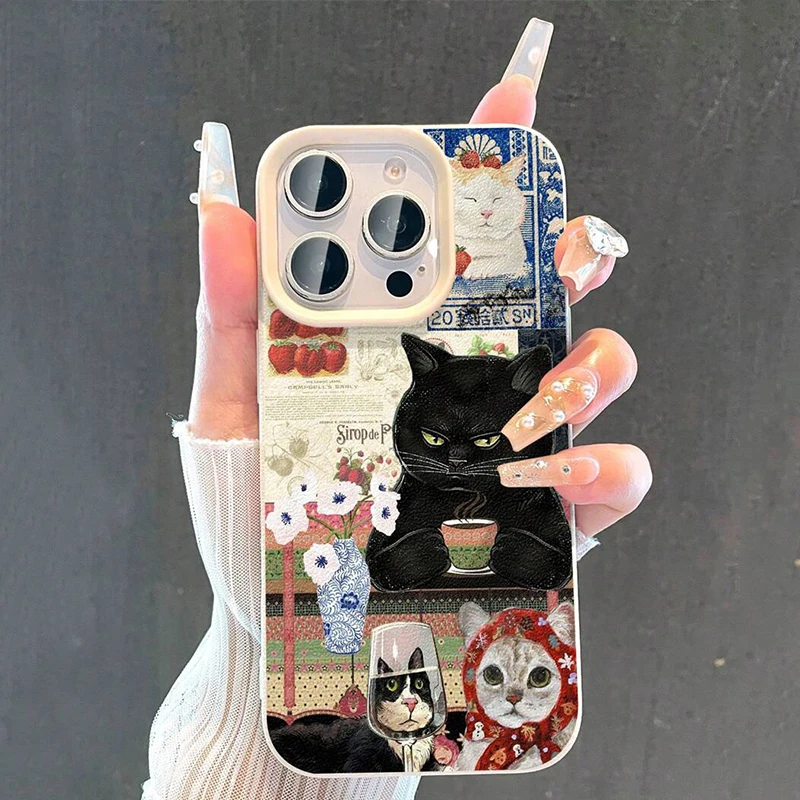 

Black Cat Collage Lichee Pattern Phone Case For iPhone 17 16 15 14 13 12 11 Pro Max XS XR X Plus 17 Air 15 16 17 Pro Soft Cover