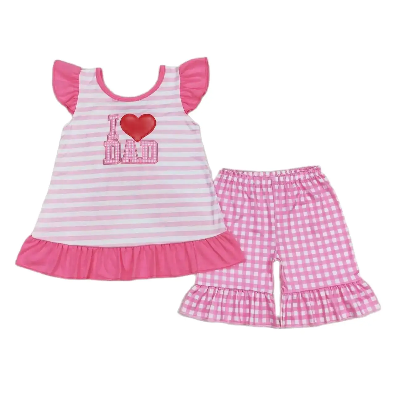 

Wholesale Kids Short Sleeves Embroidery Dad Stripes Tunic Outfit Toddler Plaid Shorts Summer Baby Girl Pink Set