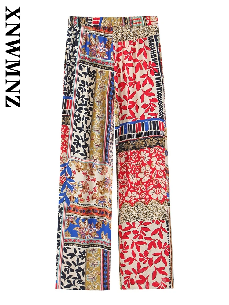 XNWMNZ 2025 Summer New Female Trendy High Waist Long Pants Vintage Woman's Bottoms Ruffles Regular Fit Pockets Print Patchwork