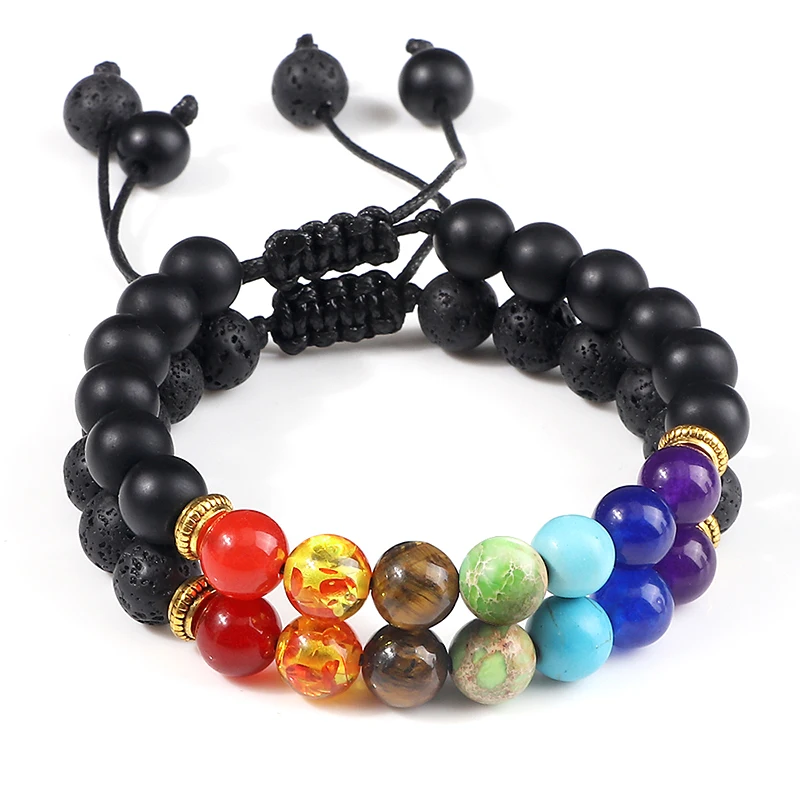 Set Men Women 8mm Natural Beaded Bracelet Lava Stone 7 Chakra Adjustable Woven Rope Chain Yoga Couple Bracelets Bangles Jewelry