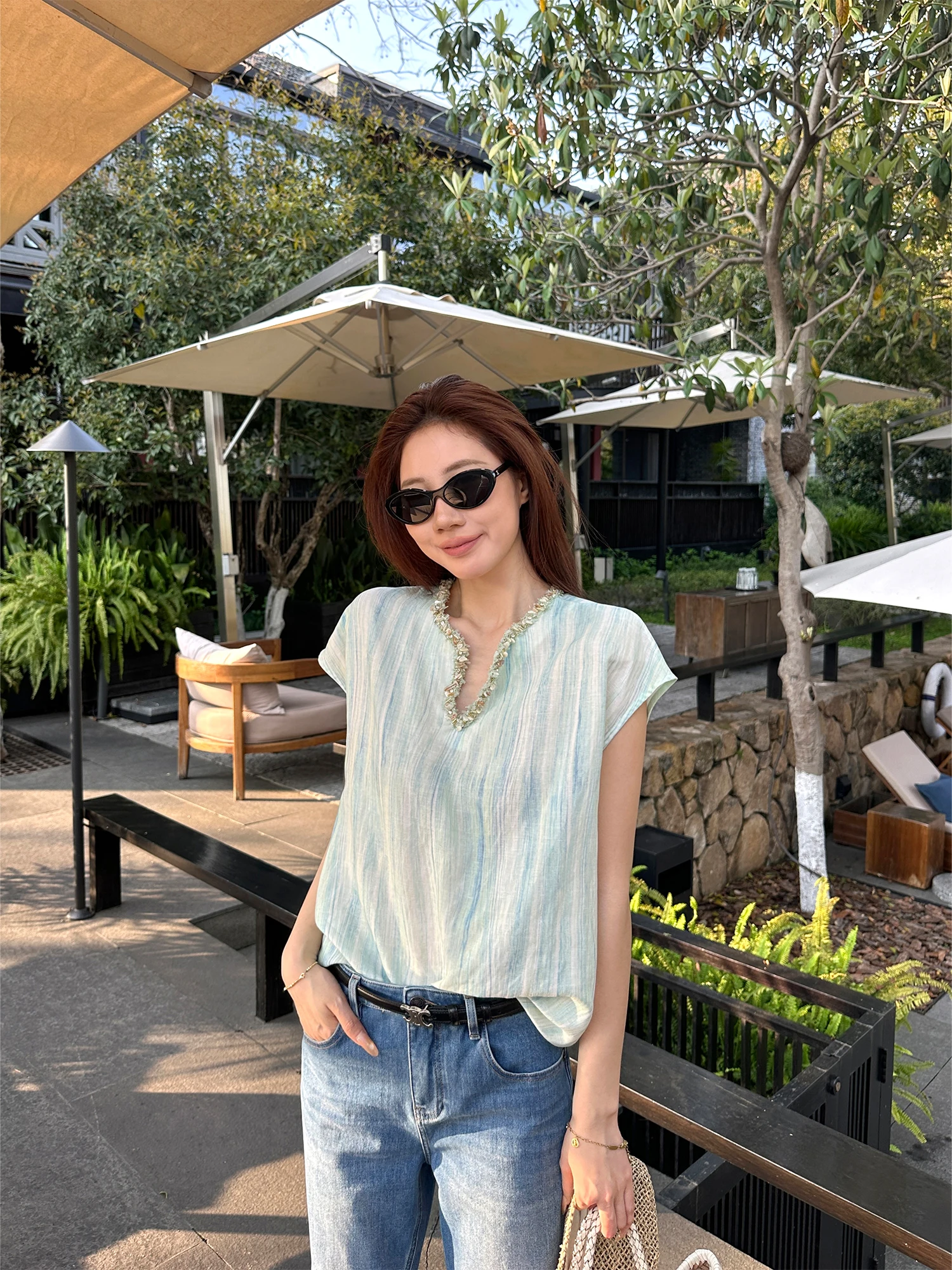 Summer New YANGLE2026 Women's T-shirt Gold Thread Embellished Short Sleeve Silk-Linen Blend Fly Sleeve Loose Fit Casual Top