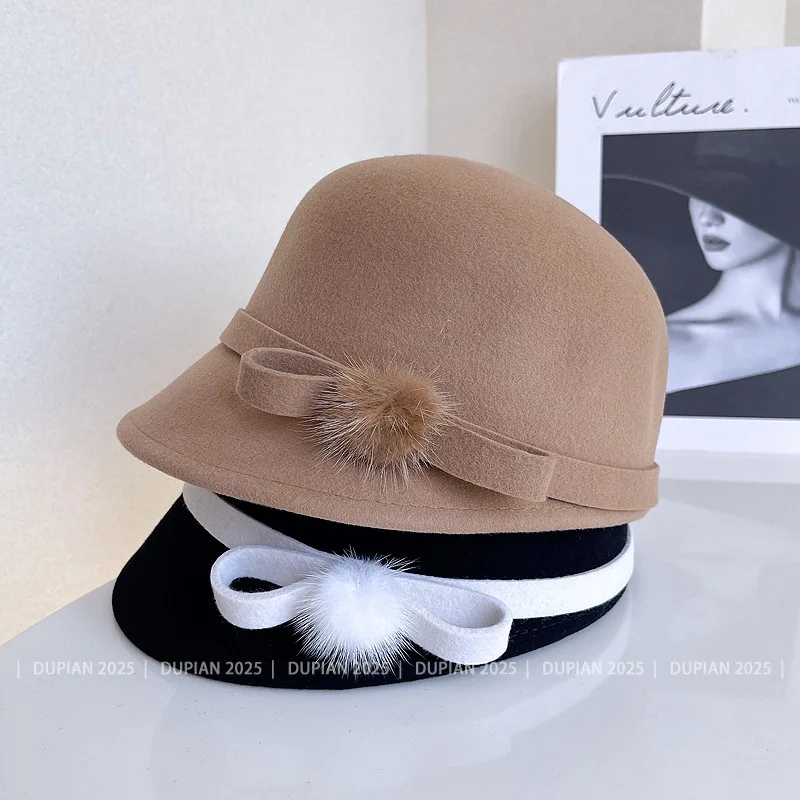 الموضة اليابانية الجديدة الانحناء الكريات الزخرفية الصوف الفروسية القبعات النساء الخريف الشتاء السيدات خمر قبعة فيدورا المجهزة قبعة قناع