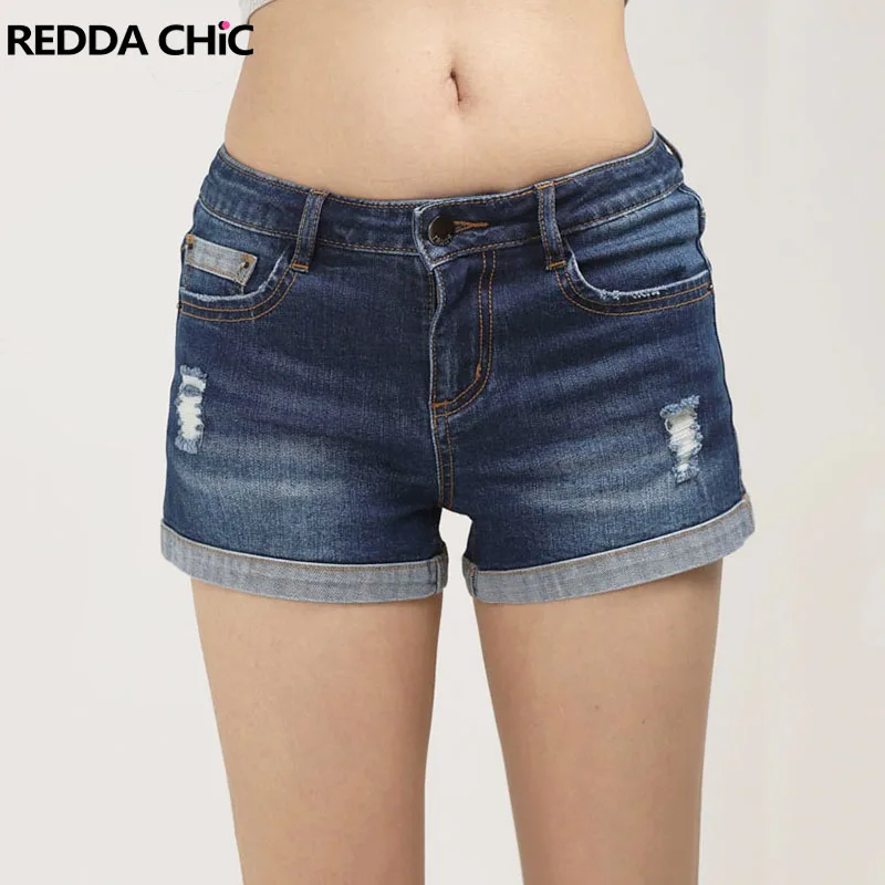 

REDDACHiC Low Rise Denim Shorts Women's Bottoms Vintage Washed Pockets Stretch Slim Fit Ripped Bootypants Hot Summer Streetwear