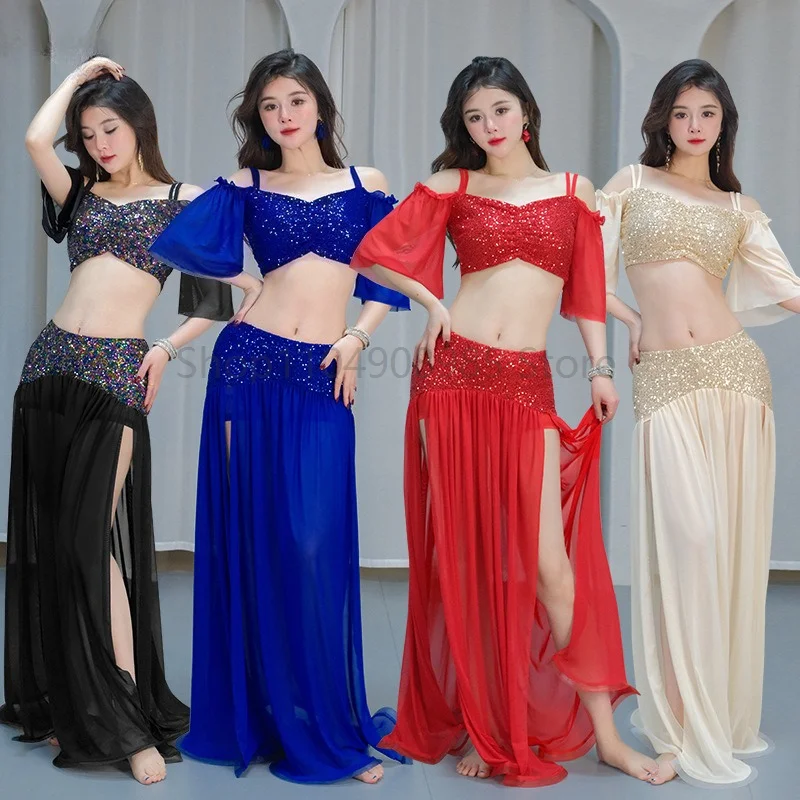 

Dance Skim Belly Clothes Dress Set Women Oriental Dance Costume Lady Stage Performance Practice Clothes Class Lesson Wear