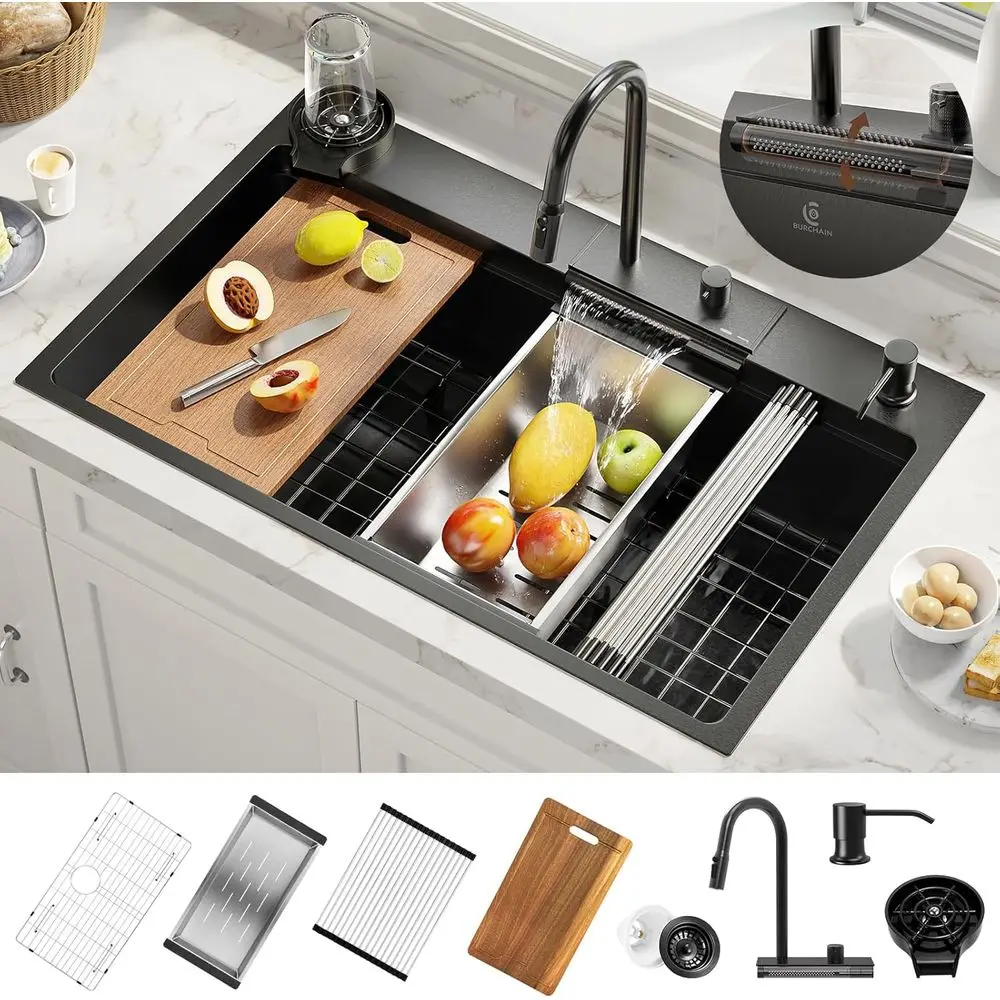 

33x22 Inch Drop in Adjustable Waterall Kitchen Sink with aucet, Single Bowl Black Kitchen Sinks 16 Gauge StainlSteel Kittation w