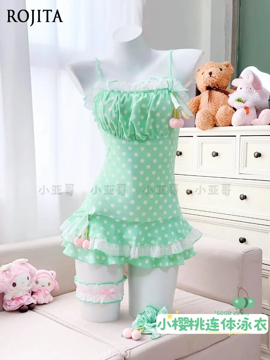 One-piece Swimsuit Cute and Sweet Polka Dot Halter Strap Female Reen Polka Dot Print Ruffle Eyelet Lace Trim Swimsuit