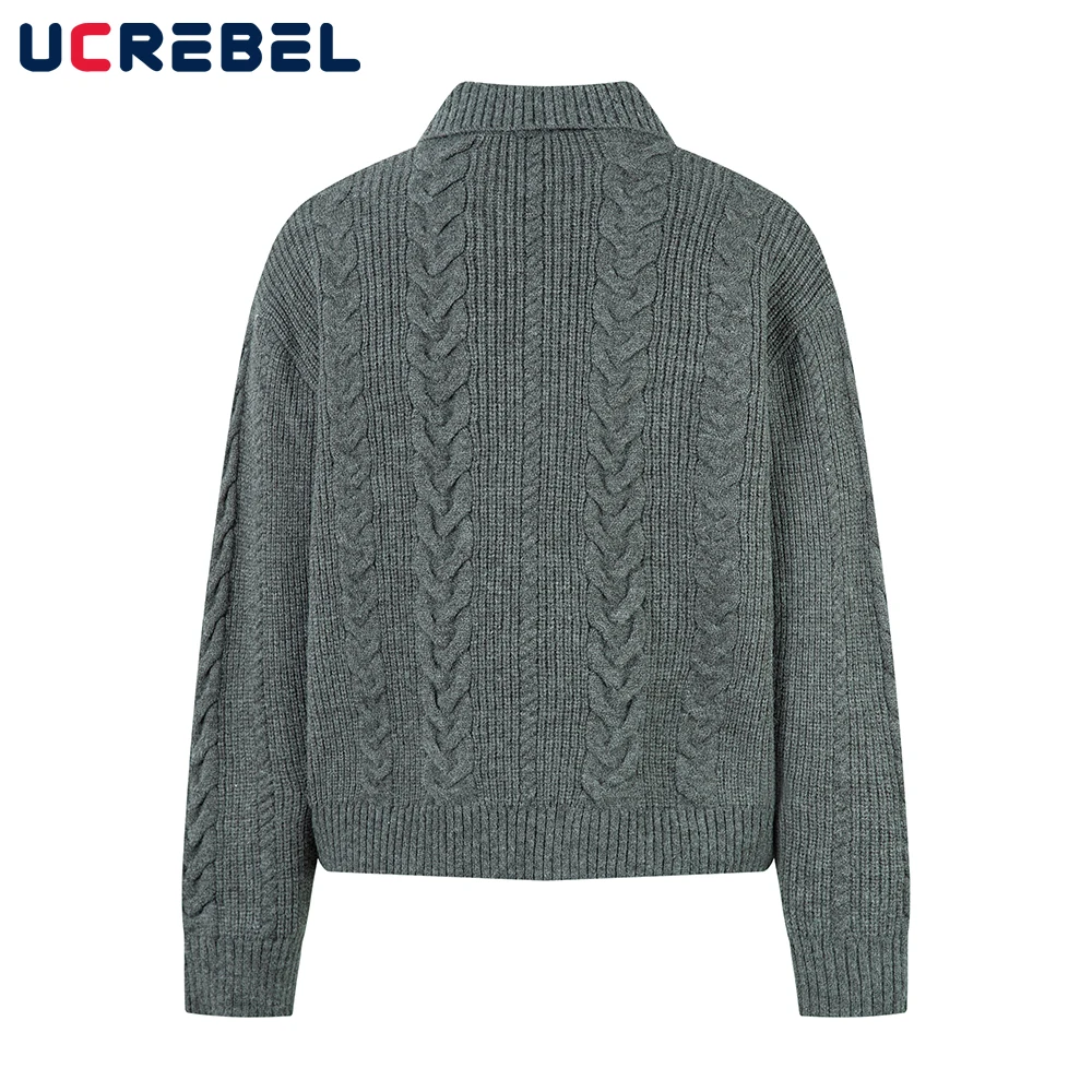 เสื้อสเวตเตอร์คอปกสไตล์เรโทรสำหรับผู้ชาย ฤดูใบไม้ร่วง ฤดูหนาว สไตล์ไฮสตรีท ทรงหลวม แขนยาว ถักนิตติ้ง เสื้อคลุมสำหรับผู้ชาย