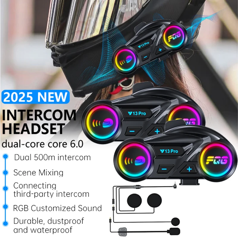 500M Intercom Helmet Headset Dual Bluetooth 6.0 Chip Waterproof RGB Lighting Effect Supports Connection To Third-Party Intercom