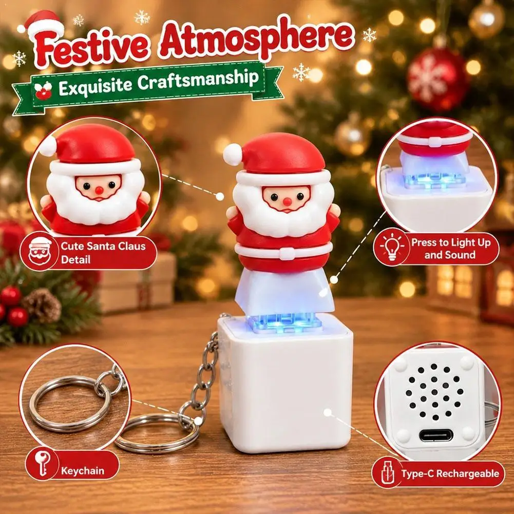Cute Santa Claus Keychain Toy Type‑C Rechargeable Press Light Up Sound Effect Mini Santa Figure Key Ring Christmas Party Gift