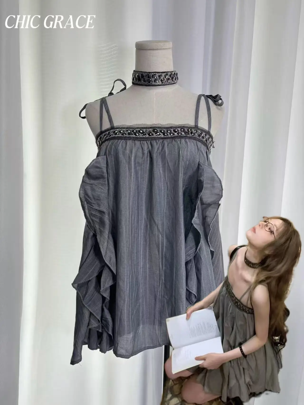 

Choker Matching Set! French Vintage Gray Dress Women Spaghetti Strap Rhinestone Ruffle Hem A Line Mini Dress Pure Desire Party D