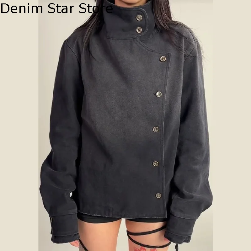 

Vintage Stand Collar Women's Jacket Long Sleeve Single Breasted Y2K Coat Irregular Placket Outwears 2026 New Spring Lady Jackets