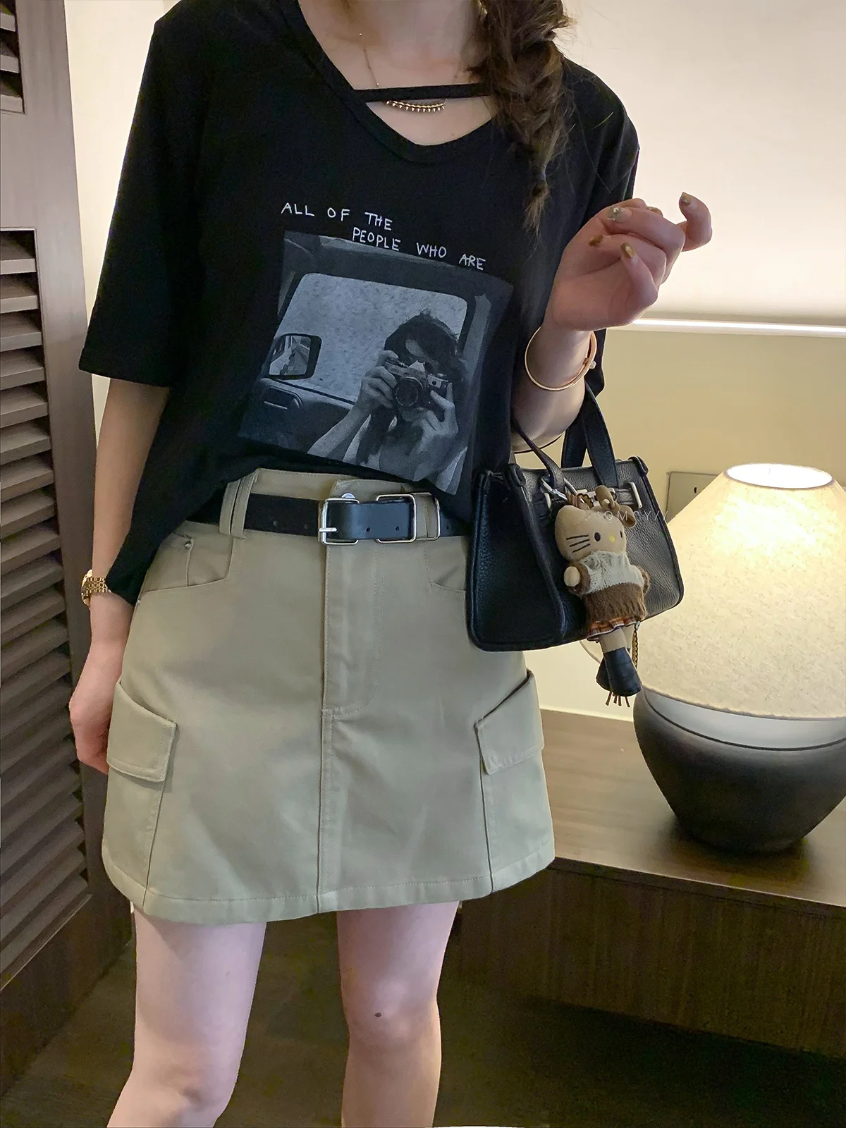 

Fashionable Utility Belted Skirt in Khaki Color for Women High Waist A-Line Silhouette Commute Friendly Korean Style