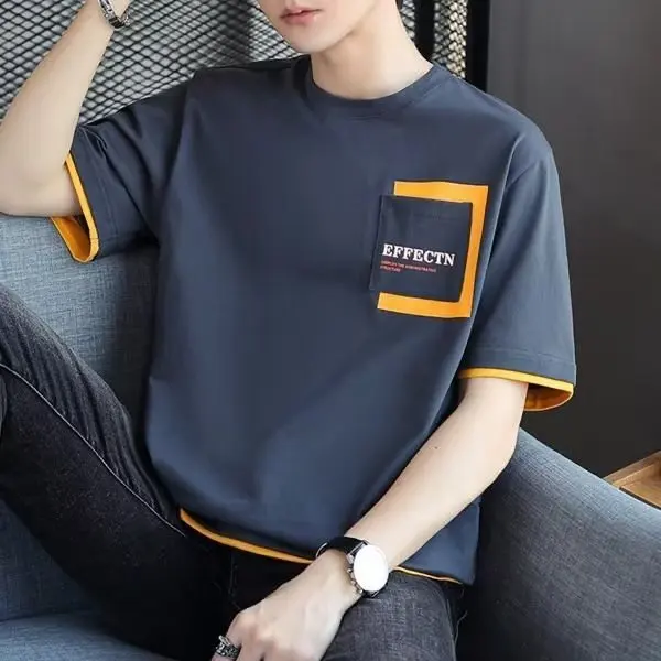 Loose Short Sleeve T-Shirt Men's Summer New Style Cotton Sweatshirt Youth Fashion Printed Geometric Pattern Pocket Design