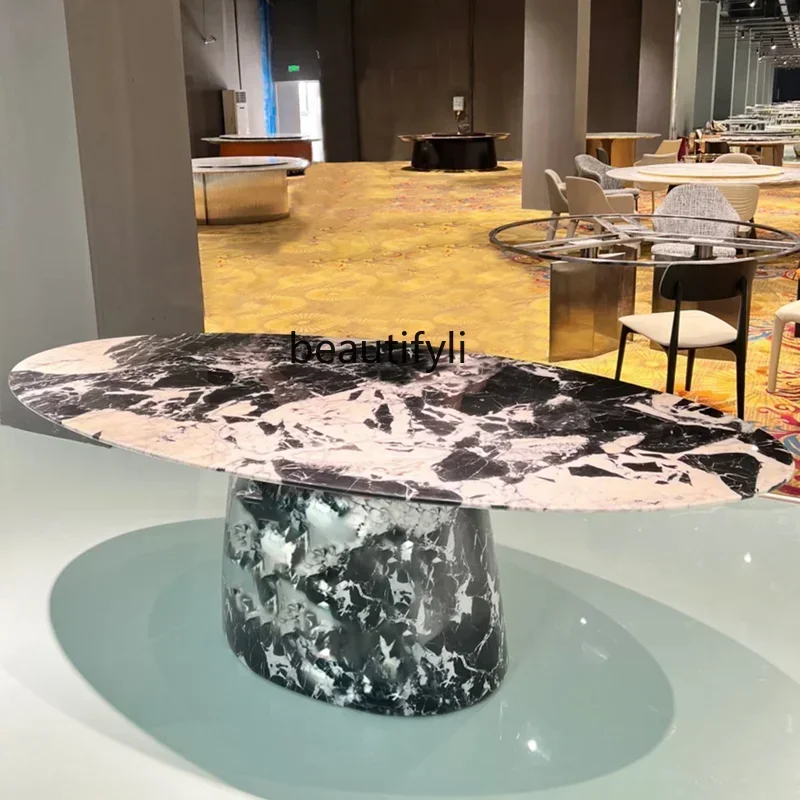 182QNatural Luxury Stone Black Marble Ellipse Dining Table Modern Simple and Light Luxury French Stone round Square Dining Table