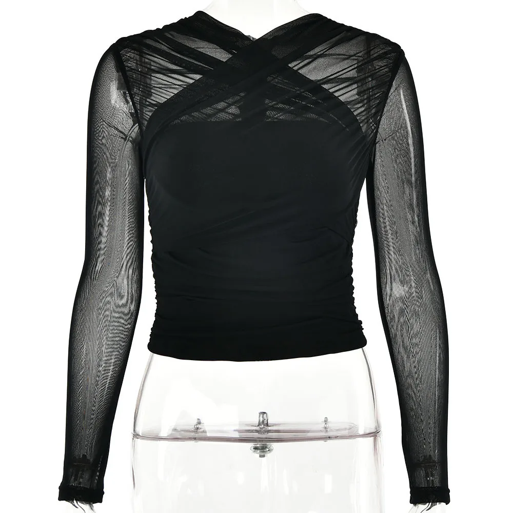 2025 Sale New Sexy Fashion Hot Girl Mesh Patchwork Zipper Sheer Long Sleeve Short Top