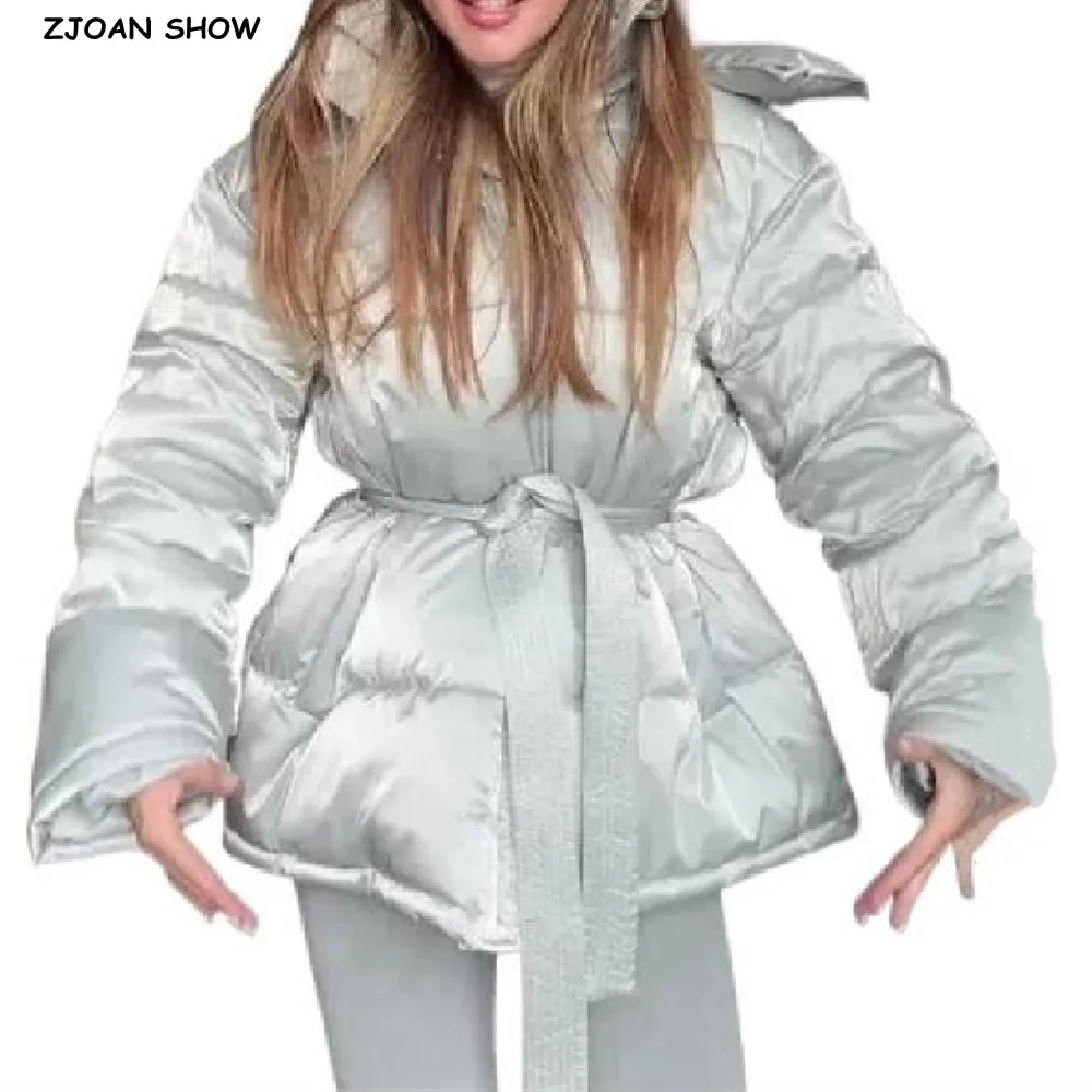 5 colors New Winter Women Bright Silver Zipper up Bow Sashes Bread Parka Coat Woman Removable Hooded Long Sleeve Midi Outerwear