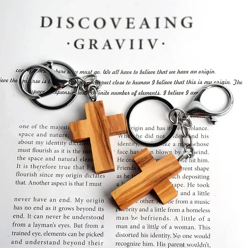 Olive Wood Cross Keychain Creative Handmade Wooden Cross Pendant DIY Decoration Pendant Holiday Gift
