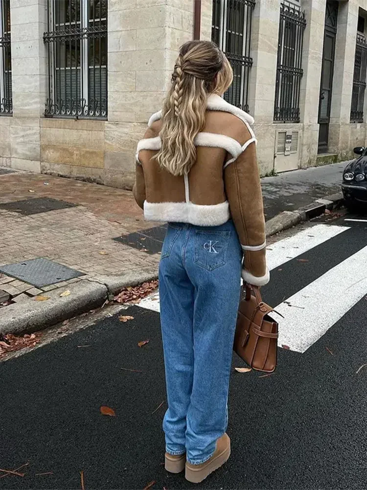 Women Solid Lamb Wool Leather Patchwork Jacket Fashion Lapel Long Sleeve Pocket Short Coat Autumn Winter New Lady Warm Outerwear