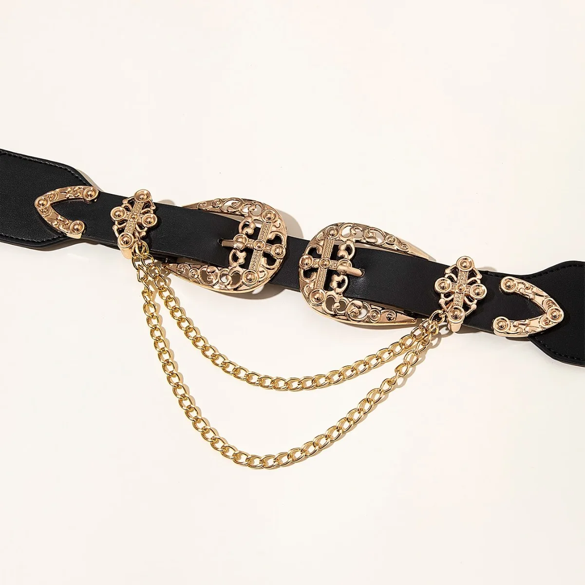 Double Buckle Hollow Out Buckle Head Elastic Stretch Waist Trainer Chain Belt Waistband for Women