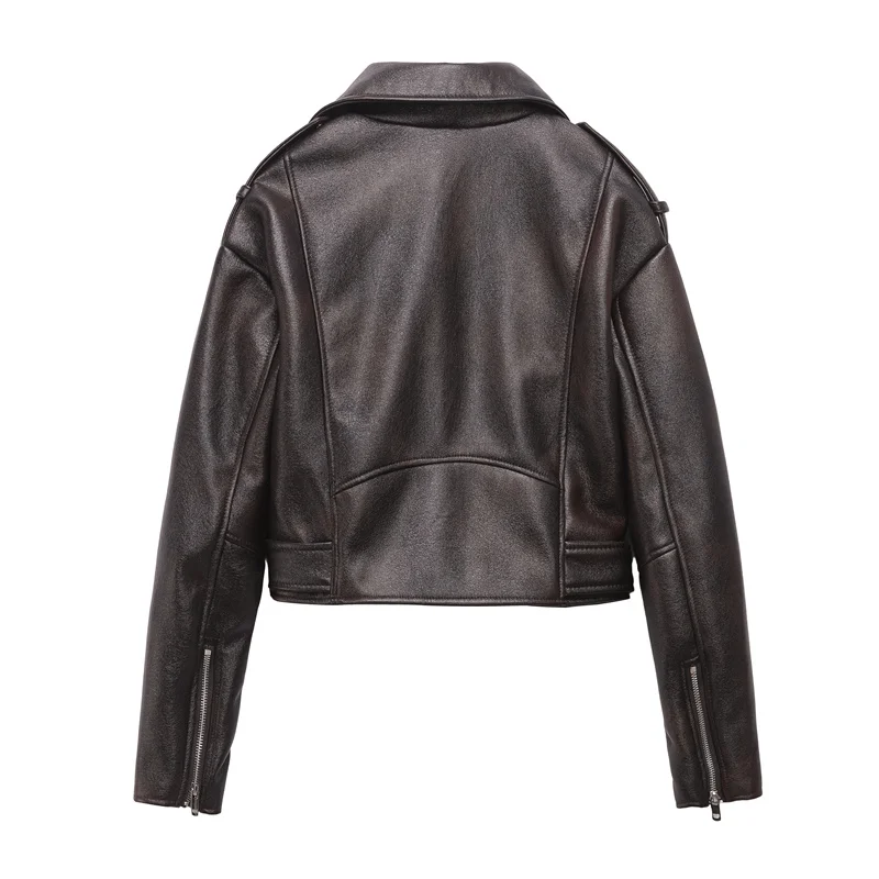 Dark brown Coal graysty le Women\'s washed leather jacket with belt, short coat with downgraded zipper and vintage lapel jacket