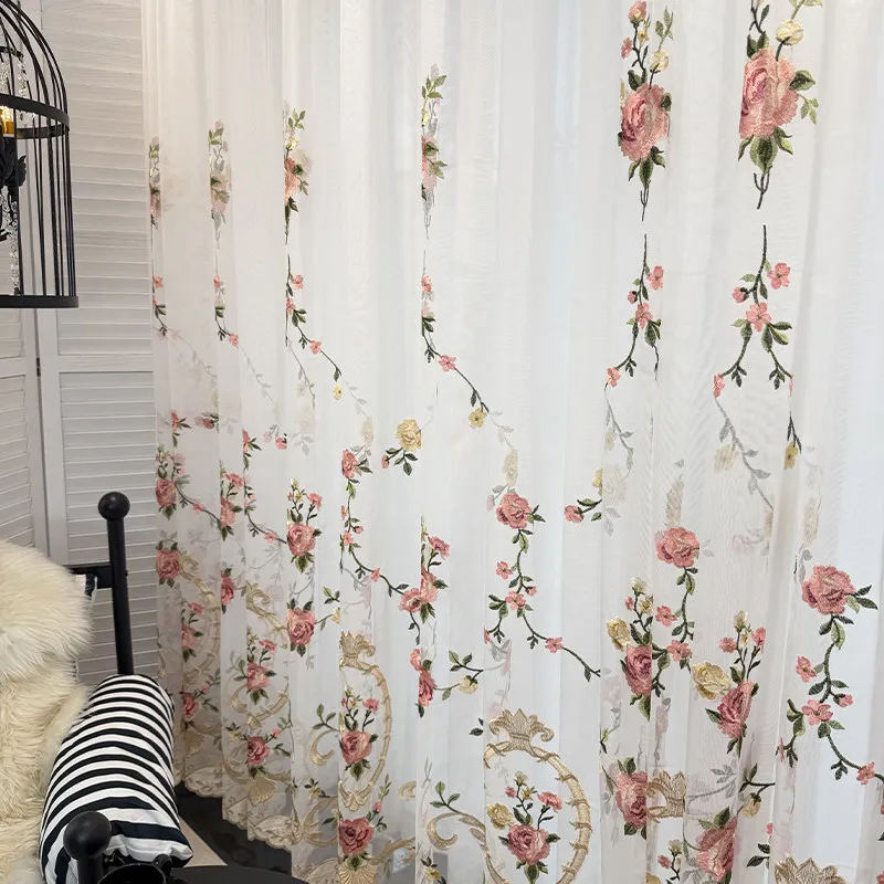 2026 New Light-transmitting New American  Embroidery Gauze Curtains for Bedroom Living Room Balcony Bay Window Customization