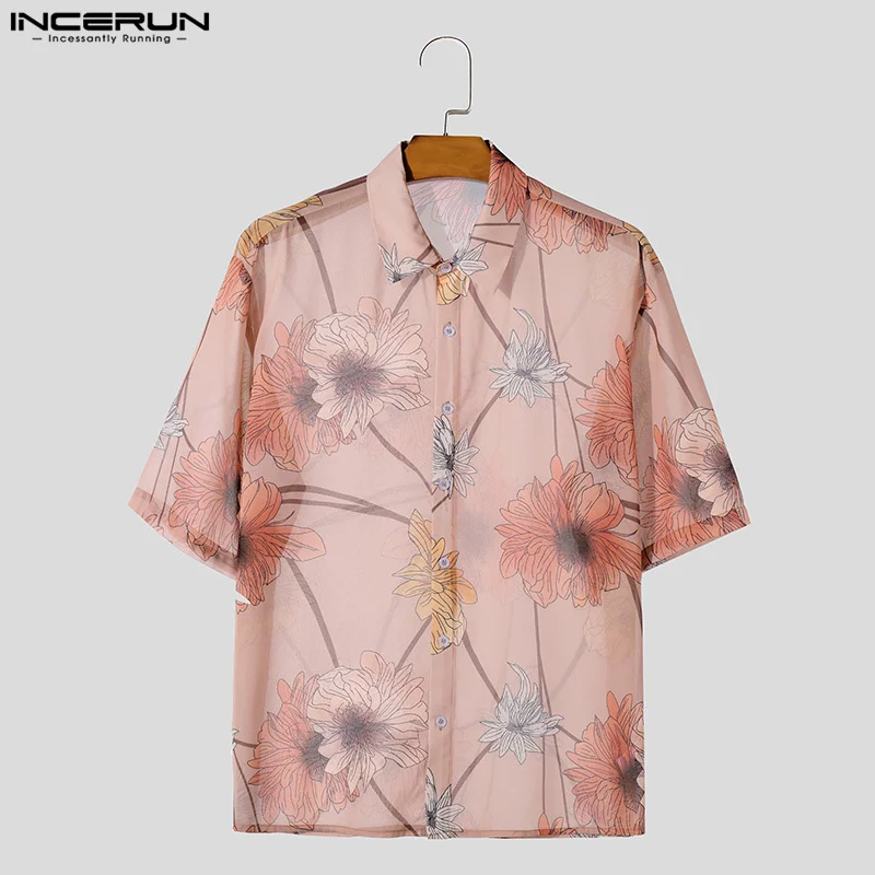 Fashion Well Fitting Men\'s Tops INCERUN 2024 Perspective Floral Print Shirts Casual Personality Thin Short Sleeved Blouse S-5XL