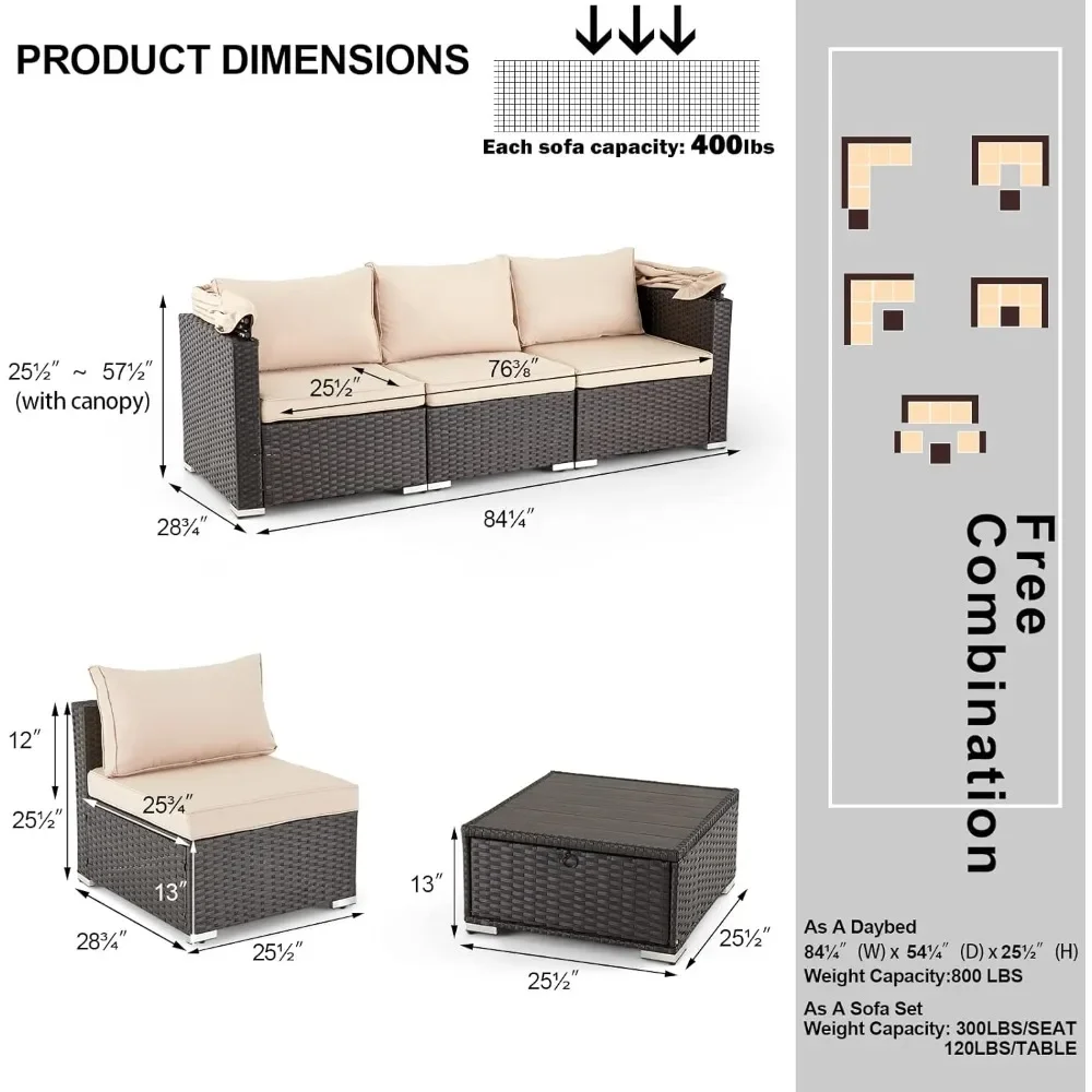 6 Pieces Patio Furniture Sets, Rattan Daybed with Retractable Canopy, Outdoor Sectional Sofa Set with Adjustable Backrest