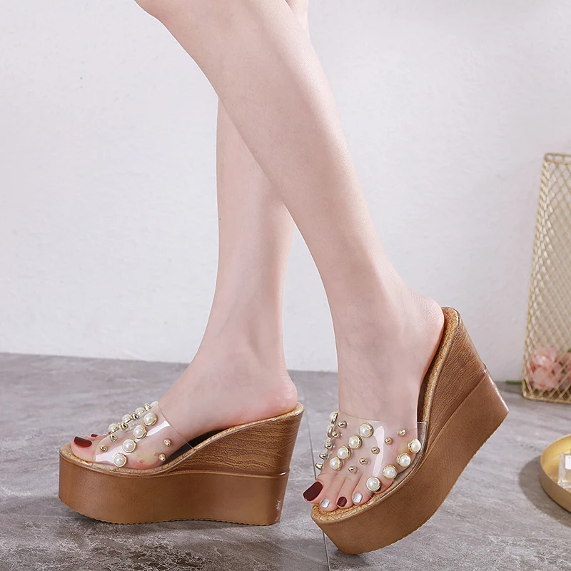 Sexy Women's Wedge Slippers with 11cm High Heels T-Show Shoes and Rivet Pearl Decoration Women's high heels