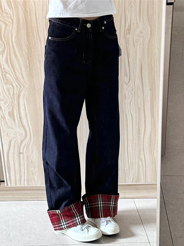 plus Size Plaid Cuffed Denim Pants Women High Waist Wide Leg Jeans Casual Shape Memory Four Seasons High Waist Pocket Zipper